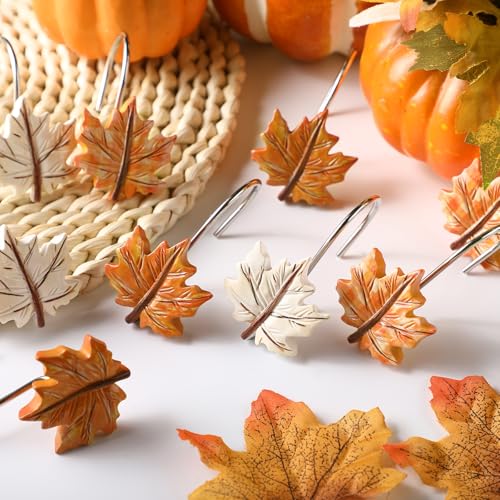 Colingmill Set of 12 Maple Leaf Shower Curtain Hooks for Fall Bathroom Decor, Metal Rustproof Farmhouse Plaid Autumn Leaves Decorative Shower Curtain Hooks Rings for Thanksgiving Bathroom Decor - style: Maple Leave