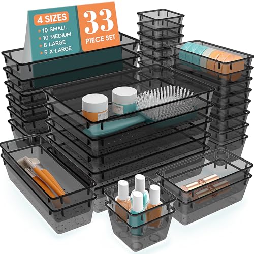 33 PCS Plastic Drawer Organizers Set, 4 Size Desk Drawer Organizer Trays | 4 Size Desk Drawer Organizer Trays for Makeup, Jewelry, Kitchen Utensils, Gadgets and Office - color: Black, size: 33 PCS