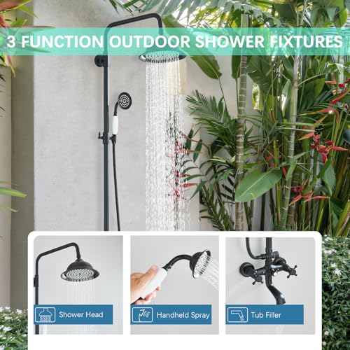 Shower System Matte Black Outdoor Shower Fixtures with 8 Inch Shower Head Handheld Spray and Tub Spout 2 Cross Handles Wall Mounted Shower Faucet Set for Bathroom or Backyard - color: Matte Black, style: Three Modes