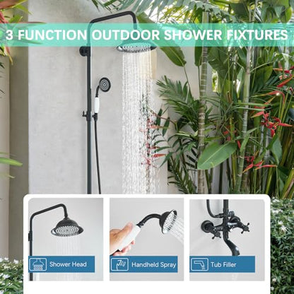 Shower System Matte Black Outdoor Shower Fixtures with 8 Inch Shower Head Handheld Spray and Tub Spout 2 Cross Handles Wall Mounted Shower Faucet Set for Bathroom or Backyard - color: Matte Black, style: Three Modes