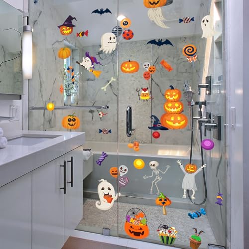 Halloween Non-Slip Bathtub Stickers, White Ghost Black Bat Pumpkin | 6 Pages, Anti-Slip Decals for Kids, With Scraper, Fun & Safe Bathtub Adhesive Appliques - color: Halloween
