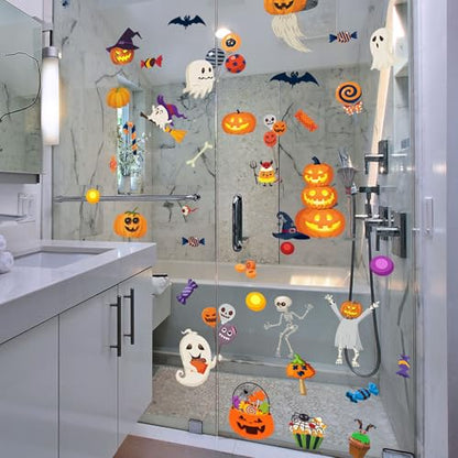Halloween Non-Slip Bathtub Stickers, White Ghost Black Bat Pumpkin | 6 Pages, Anti-Slip Decals for Kids, With Scraper, Fun & Safe Bathtub Adhesive Appliques - color: Halloween
