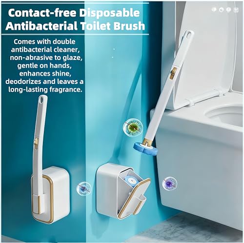 Disposable Toilet Brush and Base Set (Including 48 Replacement Heads and Base) - Wall-Mounted Design with Ergonomic Grip for Bathrooms, Toilets and RVs.