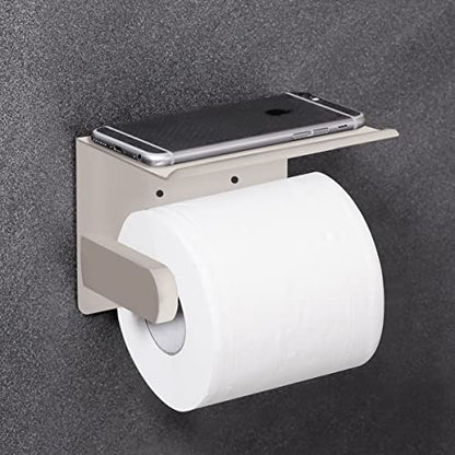VAEHOLD Self Adhesive Toilet Paper Holder with Phone Shelf SUS 304 Stainless Steel Wall Mounted Toilet Paper Roll Holder - Rustproof and Bathroom Washroom Tissue Roll Holder with Shelf -Beige - color: Beige