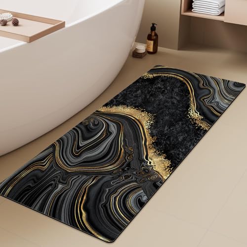Extra Long Bath Rug, Black Marble and Golden Veins Decor Non Slip Bath Runner Rug with Rubber Backing, Thin Absorbent Quick Dry Bath Mats for Bathtub Bathroom Kitchen, 15.7x47.2 inch - color: Black Marble