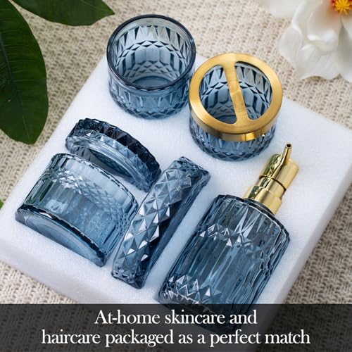 Bathroom Accessory Set 5 Pcs, Glass Bathroom Set Include Soap Dish, Toothbrush Holder, Mousewash Cup, Soap Dispenser, Cotton Swab Jar, Blue - color: Blue, style: 5 Pack