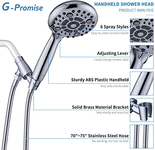 G-Promise Handheld Shower Head High Pressure 6 Spray Settings with Extended Downward Holder, Detachable Hand Held Showerhead 4.9 Inch Face with Extra Long Flexible Hose and Metal Adjustable Bracket