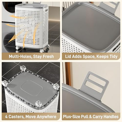 Plastic Laundry Basket on Wheels with Lid & Handle, Large | Ventilated,rolling clothes hamper, storage for laundry room, dorm,bathroom, bedroom, playroom, game room, lightweight, White - size: Large