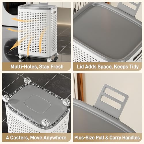 Plastic Laundry Basket on Wheels with Lid & Handle, Medium | Ventilated,rolling clothes hamper, storage for laundry room, dorm,bathroom, bedroom, playroom, game room, lightweight, White - size: Medium