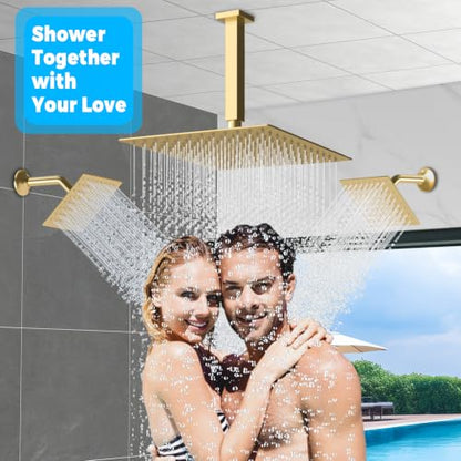 Thermostatic Digital Triple Heads Rain Shower System Can Run Together | Brushed Gold 4-way Thermostatic Digital Shower Faucets Set, 12" + 6" Tilted Shower + 6 Body Sprays with On-off + Handheld - color: Brushed Gold, style: 12” + 6" + 6"