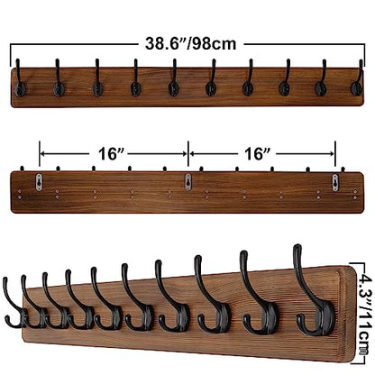 SKOLOO Rustic Wall Mounted Coat Rack, Case of 2, Pine Solid Wood Coat Hook Hanger - 10 Hooks for Hanging Clothes Robes Towels Coats - color: Brown Plate & Black Hook, size: 2 Item-10 Hooks
