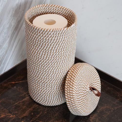 Toilet Paper Holder Handmade – Woven Cotton Toilet Paper Stand & Storage Basket with Lid, Freestanding Organizer for Bathroom, Fits 3 Mega Rolls Gradient Brown 14'' x 7'' - color: Cream Brown