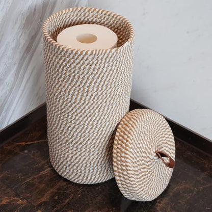 Toilet Paper Holder Handmade – Woven Cotton Toilet Paper Stand & Storage Basket with Lid, Freestanding Organizer for Bathroom, Fits 3 Mega Rolls Gradient Brown 14'' x 7'' - color: Cream Brown