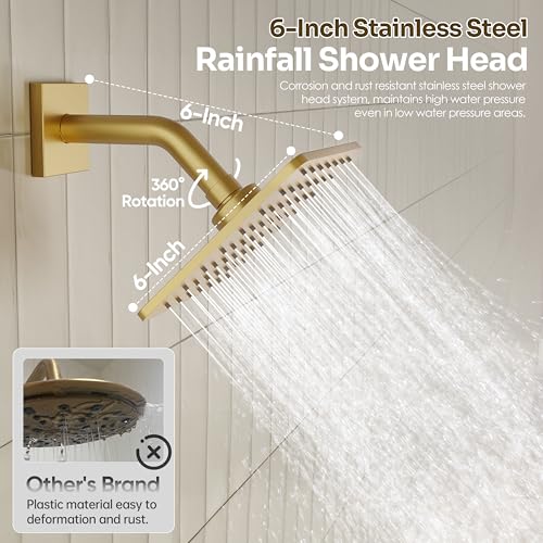 Gold Shower Faucet Set, Brushed Gold Shower System, 10'' Ceiling Shower Head and 6'' Wall Mounted ShowerHead, Dual Gold Shower Head with Handheld Combo, 3 In 1 Push Button Shower Diverter Valve - color: Brushed Gold
