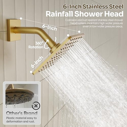 Gold Shower Faucet Set, Brushed Gold Shower System, 10'' Ceiling Shower Head and 6'' Wall Mounted ShowerHead, Dual Gold Shower Head with Handheld Combo, 3 In 1 Push Button Shower Diverter Valve - color: Brushed Gold