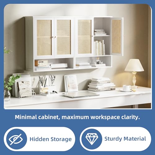 HITNET Rattan Wall Cabinet, Bathroom Hanging Storage Cupboard Over the Toilet, Space Saving Medicine Cabinet with Adjustable Shelf, White - color: White
