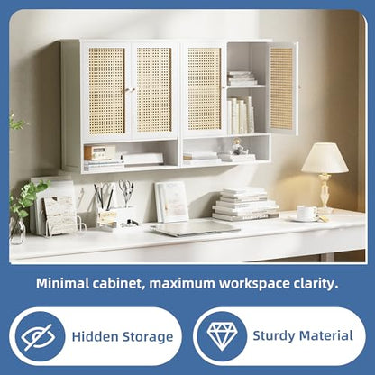 HITNET Rattan Wall Cabinet, Bathroom Hanging Storage Cupboard Over the Toilet, Space Saving Medicine Cabinet with Adjustable Shelf, White - color: White