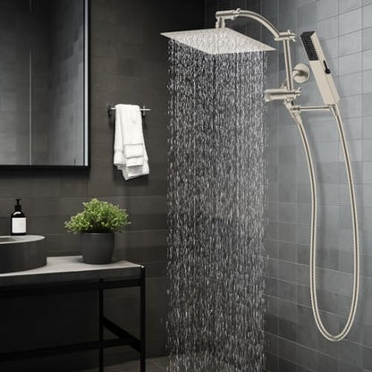 Hibbent All Metal CUPC Certified 8'' Rainfall Shower Head, Dual Shower Head Combo, High Pressure Handheld 4 Sprays Shower Wand, 16'' Adjustable Extension Arm, 71'' Hose, Shower Holder, Brushed Nickel - color: Brushed Nickel, style: Square 8''