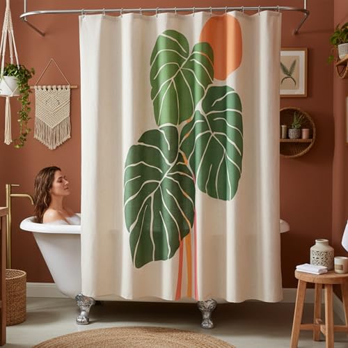 Monstera deliciosa Linen Shower Curtain Set with Liner,72" Wx72 L | Double Layer Shower Curtain Waterproof Fabric with Zippered Removable PEVA Liner,Boho Shower Curtain for Bathroom,Free Hooks - color: Pink Monstera