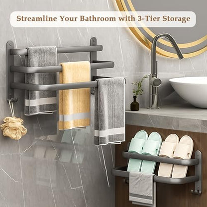 SEIDO 36 Inch 3-Tier Towel Rack for Bathroom, Heavy Duty Square Ladder Towel Bar Wall Mounted, Rustproof 304 Stainless Steel Brushed Grey Towel Holder with Hooks, Adhesive & Screw Mounting Options - color: Grey, size: 36 Inch