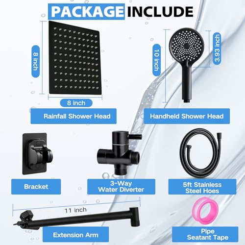 Shower Head, 8 inch Multifunction High Pressure Rain Shower Head with Handheld Spray Combo with 11'' Angle Adjustable Extension Arm/Flow Regulator/Shower System Matte Black - color: Black, size: 8 Inch
