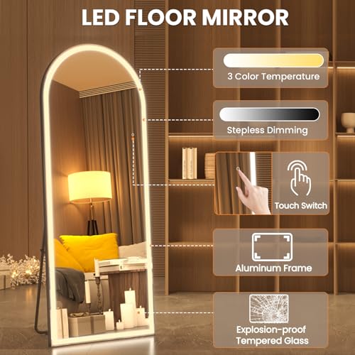 pertetey 81 x 34 in Arched LED Full Length Mirror, Black Frame, Dimmable | Arched Design, Dimmable LED Lighting, 3 Color Modes, Black Frame - size: 81"L x 34"W