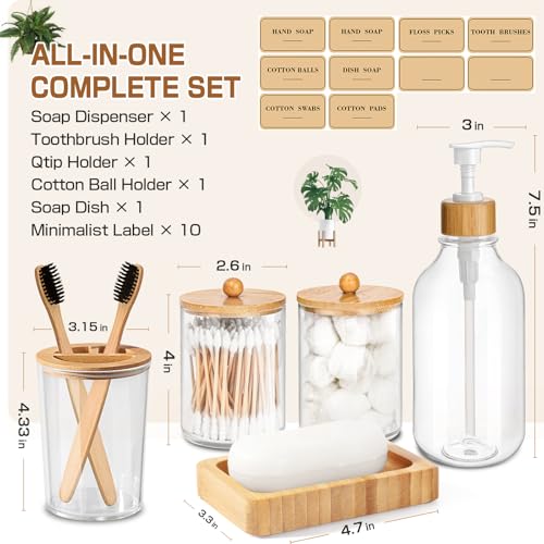 Bamboo Bathroom Accessory Set 5 Pcs, Boho Bathroom Accessories Sets Complete, Clear Bath Soap Dispenser and Toothbrush Holder Set, Soap Dish, Cotton Swab Jar, Boho Organizer - color: Clear