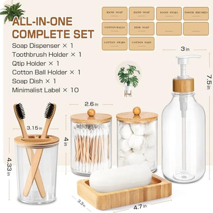 Bamboo Bathroom Accessory Set 5 Pcs, Boho Bathroom Accessories Sets Complete, Clear Bath Soap Dispenser and Toothbrush Holder Set, Soap Dish, Cotton Swab Jar, Boho Organizer - color: Clear