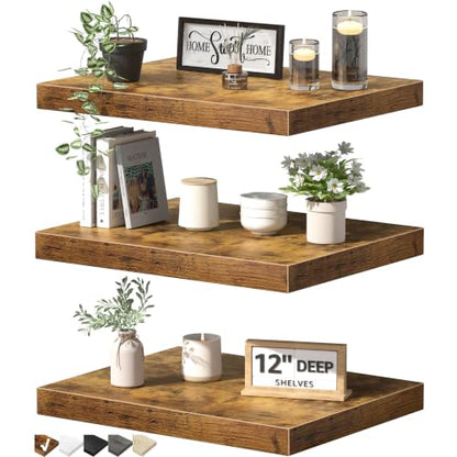 QEEIG 12" Deep Floating Shelves for Wall - 12 x 16 inch Book Shelf Bathroom Bedroom Kitchen Living Room Hanging Bookshelf Farmhouse Set of 3, Brown (026-40BN3) - color: A. Brown, size: 15.7" x 11.6"
