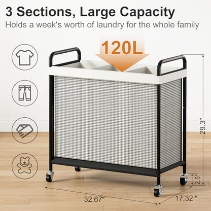 WOWLIVE Rolling Laundry Hamper 3 Section, 120L Laundry Basket with Wheels | Laundry Sorter with Metal Handle and Removable Bag, Clothes Hamper for Laundry Room, Bathroom and Dorm, Beige - size: 3-Section