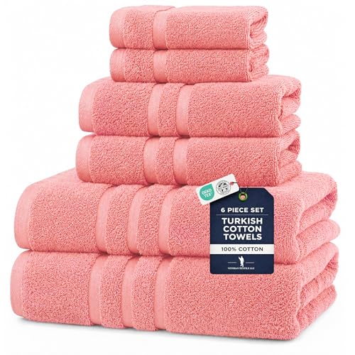 6 Pieces - Rhosus-Veteran Textile Turkish Cotton - Luxury Towel Set for Bathroom & Kitchen, 2 Bath Towels, 2 Hand Towels & 2 WashCloths *Valued $79.99* (Rose Teen) - color: Rose Teen