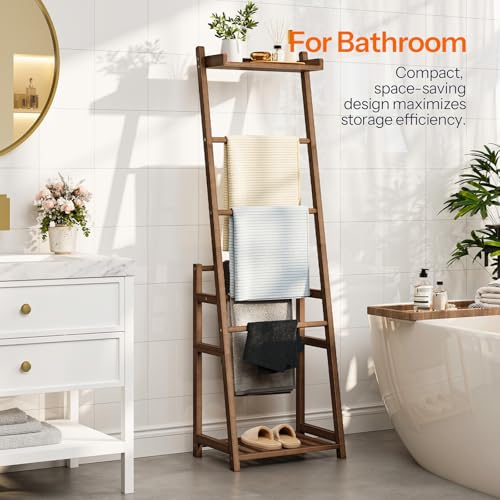HOOBRO Blanket Ladder, 3-Tier Towel Rack, Bamboo Blanket Rack, Blanket Stand, Blanket Ladders for Bedroom, Quilt Ladder for Living Room, Bedroom, Decorative Display Ladder Shelf, Mocha MA124CJ01