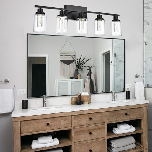 MELUCEE LED Bathroom Vanity Light 5-Light Dimmable Bathroom Light Bar | 5CCT 3000K-6000K Modern Black Vanity Lighting Fixtures with Crystal Bubble Clear Glass Shade, Built-In LED Chips - color: Black, size: LED-5 Lights