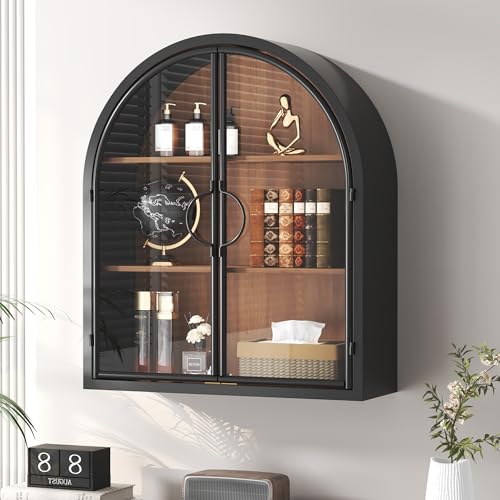Arched Wall Cabinet with Clear Glass Door, NO Assembly | Metal Frame, 12MM Wooden Shelves, Handcrafted Arched Design, 40-lb per Tier, 5MM Tempered Glass, for Bathroom Wall Medicine - style: 2 Clear Glass Doors - Style 2