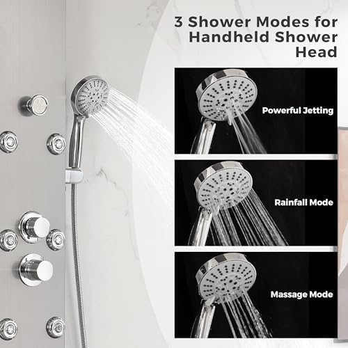 DELAVIN Stainless Steel Shower Tower, 5-Function Shower Panel Tower System | with Rainfall Waterfall Shower Head, Massage Body Jets, Tub Spout, Handheld Shower, Designed for Hotels, Gyms, Spas - style: 8 Body Jets