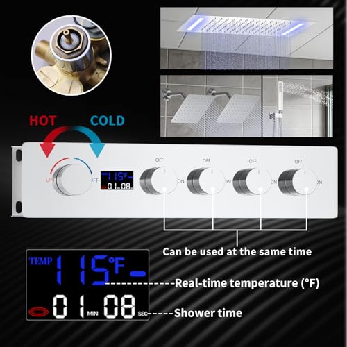 Chrome Ceiling 20x14 inch LED Shower Faucet Set,Temperature Display Thermostatic Shower Valve,Two 8-inch Wall Mounted Shower Heads and Handheld - color: Chrome