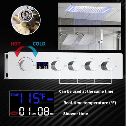 Chrome Ceiling 20x14 inch LED Shower Faucet Set,Temperature Display Thermostatic Shower Valve,Two 8-inch Wall Mounted Shower Heads and Handheld - color: Chrome