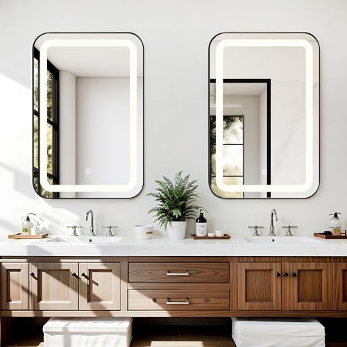 SDHYL LED Bathroom Mirror Medicine Cabinet with 3-Color Dimmable Lights, 2-Tier Adjustable Shelves, Wall Mounted Storage for Small/Modern Bathroom (Black) - color: Black-rectangle-led, size: 24x16 inch