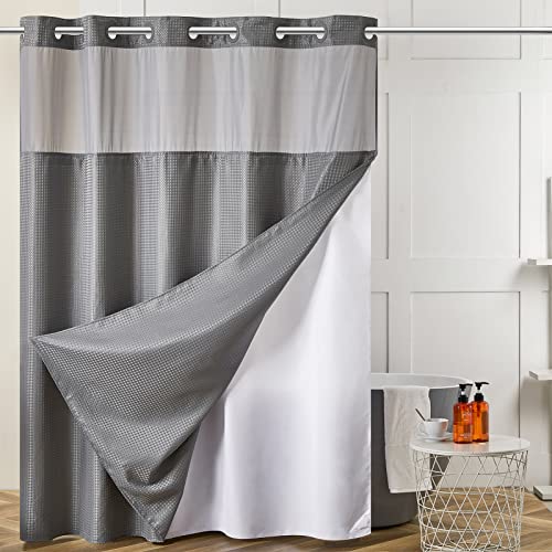 Furlinic No Hook Shower Curtain with Snap in Fabric Liner Set,Waffle Weave Heavy Duty Bathroom Curtain with See Through Window,Waterproof & Machine Washable,Hotel Style,Light Grey,71x75 Inch - color: Grey, size: 71"W x 75"L (Pack of 1)
