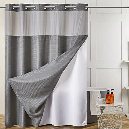 Furlinic No Hook Shower Curtain with Snap in Fabric Liner Set,Waffle Weave Heavy Duty Bathroom Curtain with See Through Window,Waterproof & Machine Washable,Hotel Style,Light Grey,71x75 Inch - color: Grey, size: 71"W x 75"L (Pack of 1)