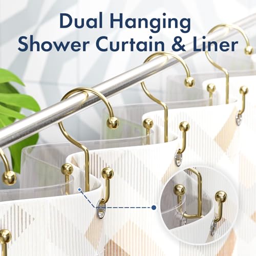 Bathway Shower Curtain Hooks Gold Shower Curtain Rings, 12 Pcs Double Hook Shower Curtain Hooks Rings Shower Curtain Hangers Rust Proof, Metal Shower Hooks for Bathroom Shower Curtain Rod - color: Gold, style: Minimalist
