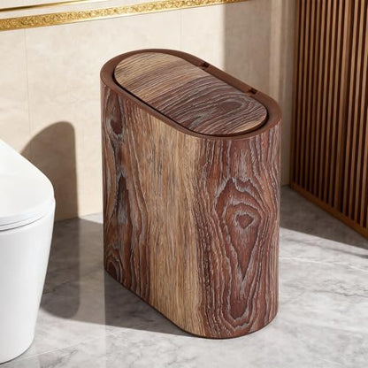 WLLHYF Bathroom Trash Can with Pop-Up Lid Lids Small Garbage Bin Plastic Marble Wood Pattern Trashcans Removable Liner Bucket Wastebasket Modern Narrow Waste Basket for Home Kitchen Bedroom Office