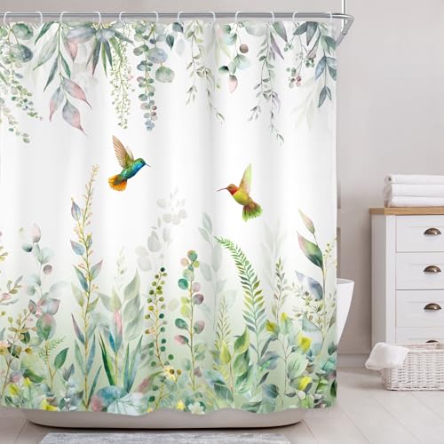 Sage Green Eucalyptus Spring Hummingbird Plants Bathroom Shower Curtain Set | 60"W x 72"H Botanical Emerald; waterproof HD print, quick-dry fabric with 12 free hooks for easy hanging. - color: A-sage Green, size: 60"W x 72"L (Pack of 1)