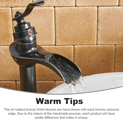 BWE Vessel Sink Faucet Oil Rubbed Bronze Tall Waterfall Bathroom Faucet | Bathroom Vanity Faucet with Pop Up Drain Assembly and Supply Hose Single Handle 1 Hole Lavatory Mixer Tap Tall Body - color: Oil Rubbed Bronze