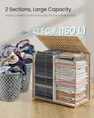 SONGMICS Laundry Hamper with Lid, 42.3 Gallon (160 L) Synthetic Rattan Clothes Laundry Basket with Lid and Handles, Foldable, Removable Liner, Goose Yellow ULCB216Y01 - color: Goose Yellow, size: 160 L