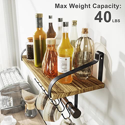 Love-KANKEI 17.3"Floating Wall Shelf Solid Wood,Coffee Bar Carbonized Black | Spice Rack,Towel Bar/8 Hooks,40 Lbs/shelf,Easy to Install,For Kitchen,Bathroom,Living Room,Bedroom,Office,Entryway Display - color: Carbonized Black