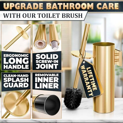 2Pcs Stainless Steel Toilet Brush and Holder Set, Hand Guard (Gold) | Toilet Bowl Brush and Holder, Removable Inner Bowl, Dense Bristles, Long Handle, Scratch Resistant, for Modern Bathrooms - color: Gold Wall-mounted