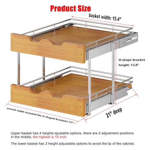 DINDON 2 Tier Pull Out Cabinet Organizer (17" W x 21" D) Slide Out Wood Shelf Double Tier Kitchen Wire Basket With Chrome Finish… - size: 17'' W X 21'' D