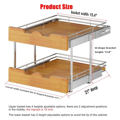 DINDON 2 Tier Pull Out Cabinet Organizer (17" W x 21" D) Slide Out Wood Shelf Double Tier Kitchen Wire Basket With Chrome Finish… - size: 17'' W X 21'' D