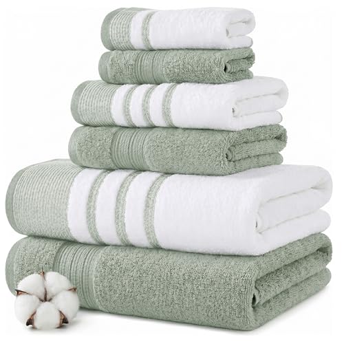 Modern Threads 6-Piece Towel Set – 100% Cotton, Quick Dry, Ultra Absorbent – Includes 2 Bath, 2 Hand, 2 Washcloths (White/Reinhart Sage) - color: Green, style: Classic Stripe